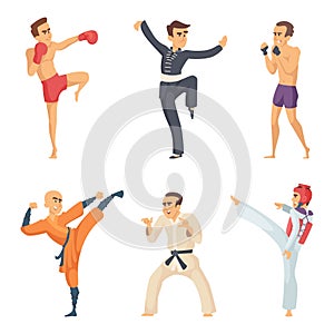 Sport characters in action poses. Taekwondo karate fighters