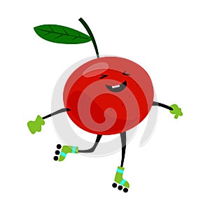 Sport chery on rollers character. Funny fruit food on sport exercises, fitness vitaminic human healthy nutrition vector