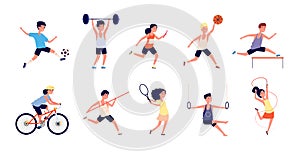 Sport children. Cartoon dance girls. Child with basketball ball, playing soccer raises barbell. Young healthy childhood