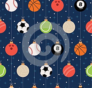 Sport Christmas seamless pattern. Christmas pattern with sport baseball, basketball, football, tennis, cricket, soccer, volleyball