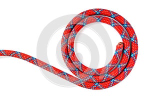 Sport climbing rope, coiled in a circle, isolated on a white background. 10mm mountaineering dynamic rope showing one end only.