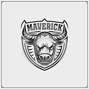 Sport club emblems with bull. Maverick. Print design for t-shirt. photo