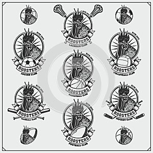 Sport club emblems, logos and labels with rooster.