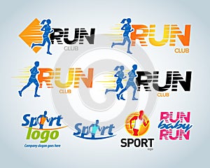 Sport club, running club vector labels and emblems, logotypes, badges. Apparel, t-shirt design concepts. Vector illustration.