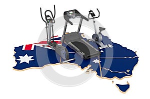 Sport clubs in Australia. Fitness, exercise equipments on Australian map. 3D rendering