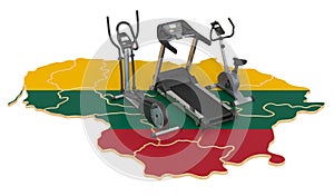 Sport clubs in Lithuania. Fitness, exercise equipments on Lithuanian map. 3D rendering