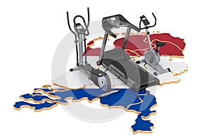 Sport clubs in the Netherlands. Fitness, exercise equipments on Holland. 3D rendering