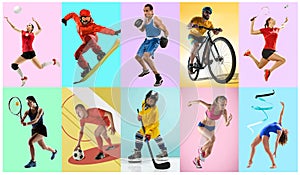 Sport collage about athletes or players. The tennis, running, badminton, rhythmic gymnastics, volleyball.