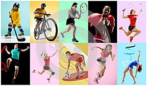 Sport collage about athletes or players. The tennis, running, badminton, rhythmic gymnastics, volleyball.