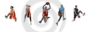 Sport collage. Basketball players in motion isolated on white studio background.