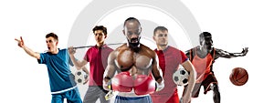 Sport collage. Basketball, soccer football, golf, boxing players posing isolated on white studio background.