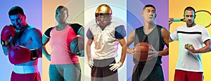 Sport collage. Boxer, tennis, american football, basketball players posing isolated on multicolored neon background