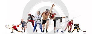 Sport collage about boxing, soccer, american football, basketball, ice hockey, fencing, jogging, taekwondo, tennis