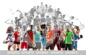 Sport collage about female athletes or players. The tennis, running, badminton, volleyball.