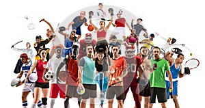 Sport collage about female athletes or players. The tennis, running, badminton, volleyball. photo