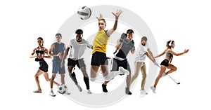 Sport collage. Fitness, basketball, running, soccer football, voleyball, boxing, running, golf - men and women in motion