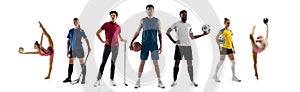 Sport collage. Gimnastics, basketball, soccer football, golf, voleyball, floorball players posing isolated on white