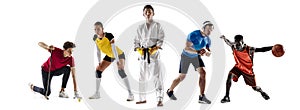 Sport collage. Golf, fitness, volleyball, taekwondo, running, basketball players in motion isolated on white studio