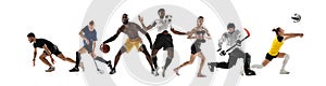 Sport collage. Hockey, soccer football, volleyball, floorball, fitness and basketball players in motion isolated on