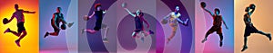 Sport collage of images of professional basketball player in action isolated on gradient multicolored background in neon