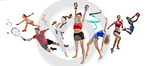 Sport collage about kickboxing, basketball, badminton, taekwondo, tennis, athletics, rhythmic gymnastics, running and