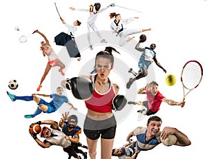 Sport collage about kickboxing, soccer, american football, basketball, badminton, taekwondo, tennis, rugby