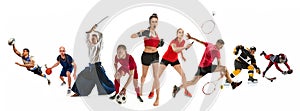 Sport collage about kickboxing, soccer, american football, basketball, ice hockey, badminton, aikido, tennis, rugby