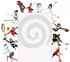 Sport collage about kickboxing, soccer, american football, basketball, ice hockey, badminton, taekwondo, tennis, rugby