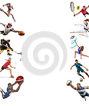 Sport collage about kickboxing, soccer, american football, basketball, ice hockey, badminton, taekwondo, tennis, rugby