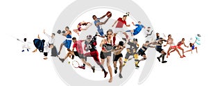 Sport collage about kickboxing, soccer, american football, basketball, ice hockey, badminton, taekwondo, tennis, rugby