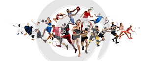 Sport collage about kickboxing, soccer, american football, basketball, ice hockey, badminton, taekwondo, tennis, rugby