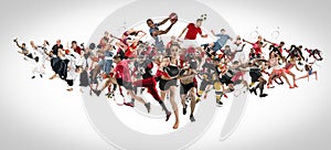 Sport collage about kickboxing, soccer, american football, basketball, ice hockey, badminton, taekwondo, tennis, rugby