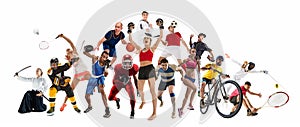 Sport collage about kickboxing, soccer, american football, basketball, ice hockey, badminton, taekwondo, tennis, rugby