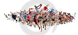 Sport collage about kickboxing, soccer, american football, basketball, ice hockey, badminton, taekwondo, tennis, rugby