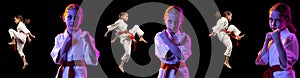 Sport collage with little girl, young karate in sports uniform posing isolated over dark background in purple neon light