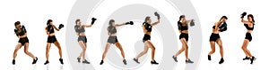 Sport collage made of dynamic photos of young athlete woman athletic female MMA fighter training against white