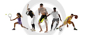 Sport collage. MMA, tennis, soccer football, baseball, basketball players posing isolated on white studio background.