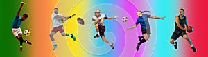 Sport collage of professional athletes on gradient multicolored background, flyer