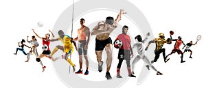 Sport collage of professional athletes or players isolated on white background, flyer