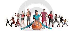 Sport collage of professional athletes or players isolated on white background, flyer