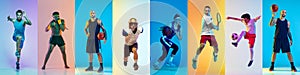 Sport collage of professional athletes or players on multicolored background in neon