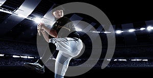 Sport collage with professional baseball player with baseball glove and ball in action during match in crowded sport