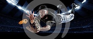 Sport collage with professional baseball player with baseball glove and ball in action during match in crowded sport