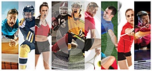 Sport collage about soccer, american football, badminton, tennis, boxing, ice and field hockey, table tennis