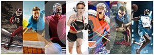 Sport collage about soccer, american football, badminton, tennis, boxing, ice and field hockey, table tennis