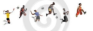 Sport collage. Soccer football, volleyball, basketball players in motion isolated on white studio background.