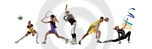 Sport collage. Tennis, baseball, basketball players and rhythmic gymnastics posing isolated on white studio background.