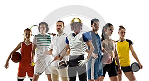 Sport collage. Tennis, basketball, american football, fitness, golf, volleyball players posing isolated on white studio