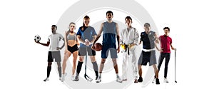 Sport collage. Tennis, basketball, soccer and american football, hockey, golf, running, boxing, taekwondo players