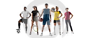 Sport collage. Tennis, fitness, soccer football, boxing, golf, hockey players posing isolated on white studio background